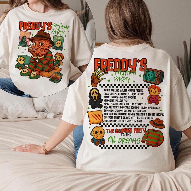 Freddy's Pajama Party Halloween 2 Sides Shirt, Fredd. Flakes Shirt, Just Waiting For Halloween, Horror Characters TShirt...