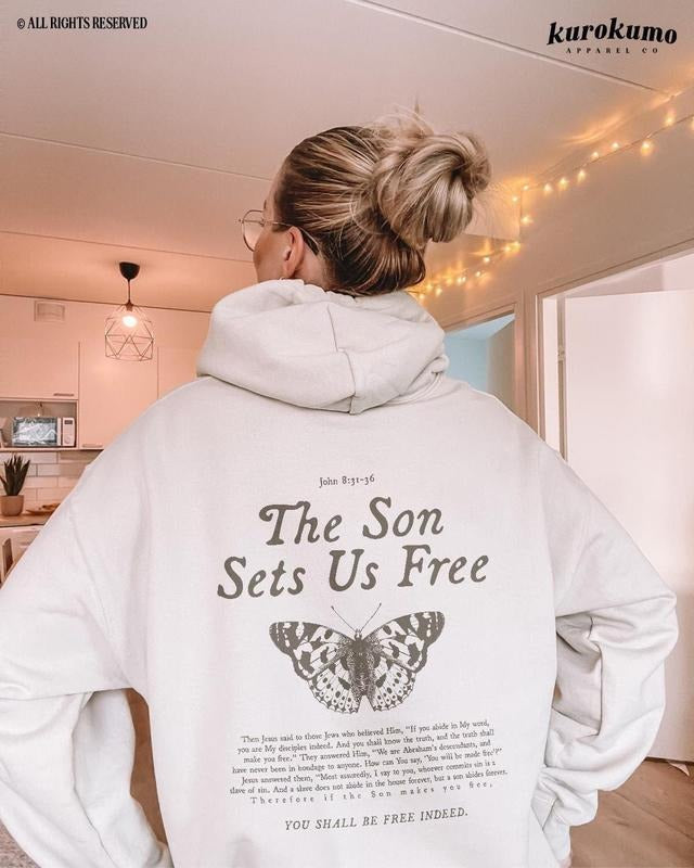 Free Indeed Bible Verse Hoodie Christian Butterfly Sweatshirt Cotton Menswear T-Shirts | TeeBloomCo.com