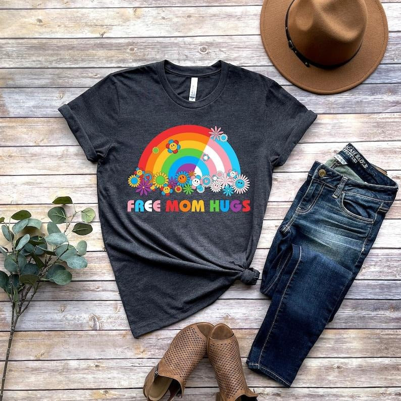 Free Mom Hugs T-Shirt, Proud Mom Apparel, Rainbow Gay Pride T-Shirt, Lgbtq Proud Parent Shirt, Equality Gifts, Rainbow...