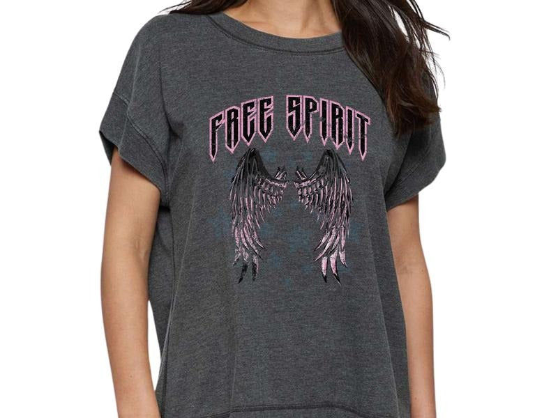 Free Spirit Vintage-Inspired Drop Shoulder Women's T-Shirt - Distressed Graphic Tee with Wings