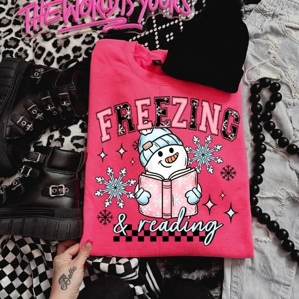 Freezing & Reading Snowman + Faux Patch Beanie Crewneck Sweatshirt, Heliconia, Womenwear, Casual, Cute Graphic T-Shirts,...