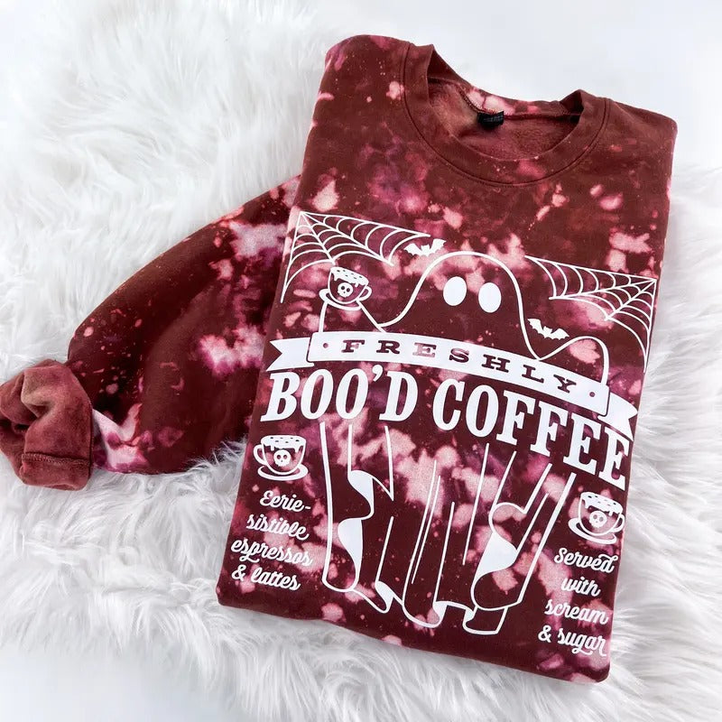 Freshly Boo'd Coffee Ghost Halloween Marbled Sweatshirt or Hoodie with sleeve print Comfy Womenswear Tops T-Shirts