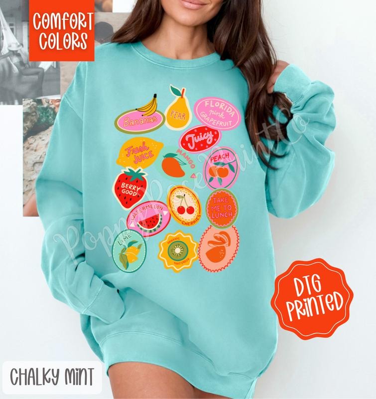 Fruit stickers Comfort Colors Sweatshirt, Trendy Women's Crewneck T-Shirts, Hoodie | TeeBloomCo.com