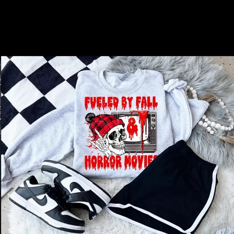 Fueled By Fall & Horror Movies  Sweatshirt - Ash Grey T-Shirts, Hoodie | TeeBloomCo.com