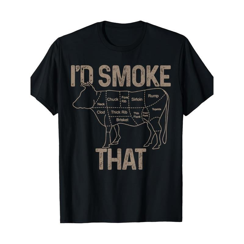Funny 'I'd Smoke That' BBQ Chef & Butcher Graphic Tee - 100% Cotton, Casual Round Neck T-Shirt for Men made in usa...
