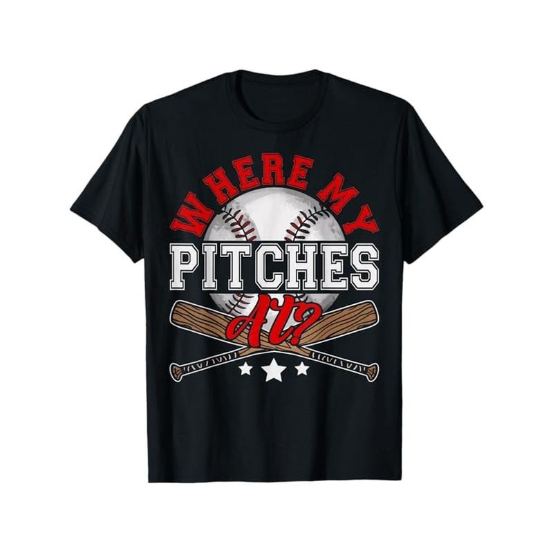 Funny 'Where My Pitches At?' Baseball Bat Graphic Tee - 100% Cotton, Casual Crew Neck T-Shirt for All Seasons, Perfect...