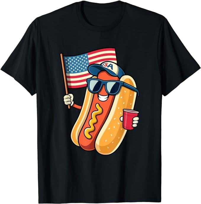 Funny 4th of July Shirts For Men, 4th of July Hotdog Funny Fourth of July Patriotic USA Flag T-Shirt Menswear Top Casual...