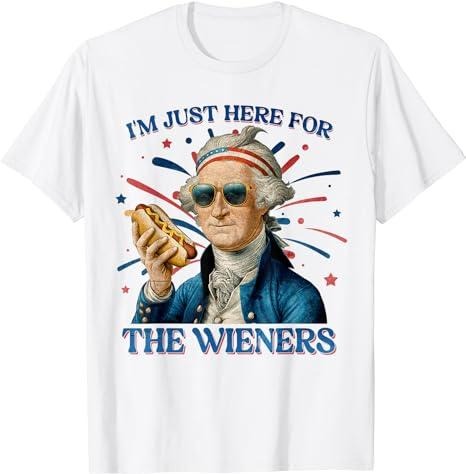 Funny 4th of July Shirts For Men, George Washington Funny Hot Dog Just Here For The Wieners T-Shirt Menswear Top Casual...