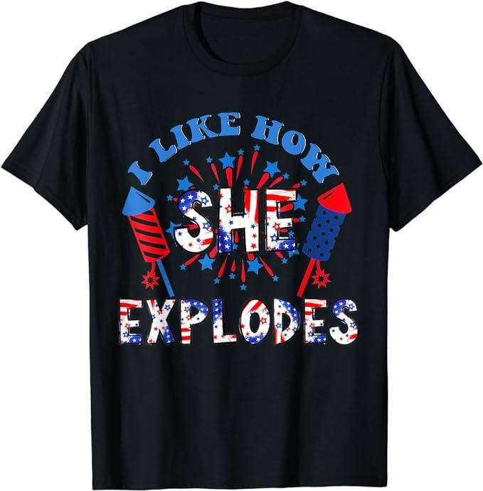 Funny 4th of July Shirts For Men, I Like How She Explodes Fireworks Funny Couple 4th T-Shirt Menswear Top Casual Cotton...