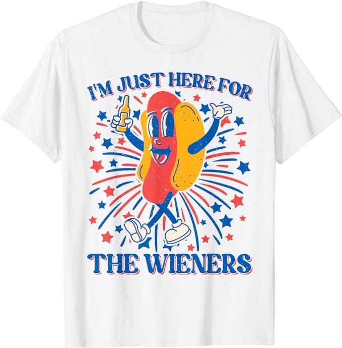 Funny 4th of July Shirts For Men, Just Here For The Wieners Hot Dog Funny 4Th Of July T-Shirt Menswear Casual Cotton...