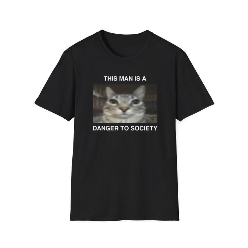Funny Cat Meme Shirt, This Man is a Danger to Society Kitty Joke Tee, Gift Unisex T-Shirt Hoodie, Sweatshirt | TeeBloomCo.com