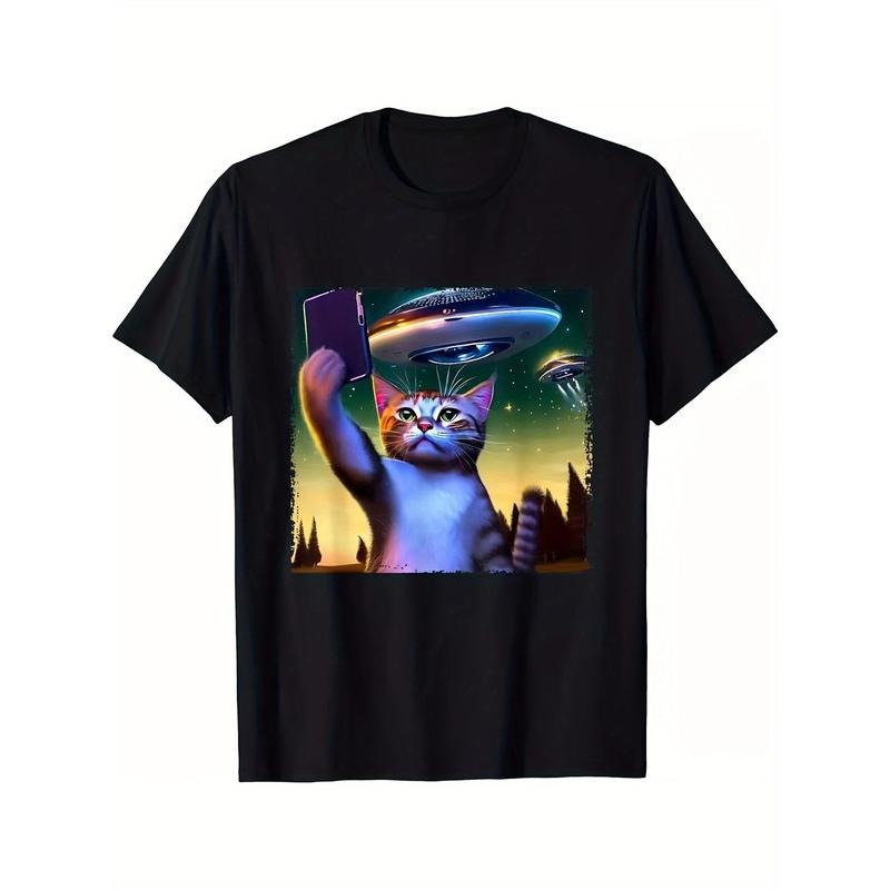 Funny Cat Selfie With UFO Printed Men's Cotton T-shirt made in usa Hoodie, Sweatshirt | TeeBloomCo.com