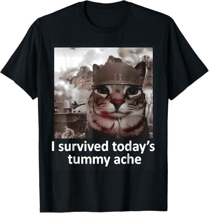 Funny Cat Shirts, I Survived Today's Tummy Ache Groovy Funny Cat T-Shirt - Menswear Top Hoodie, Sweatshirt | TeeBloomCo.com