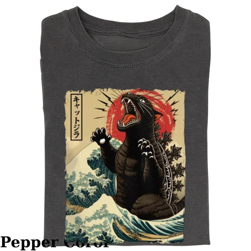 Funny Cat T Shirt Catzilla Graphic Tee Unisex Cat Lover Shirt Japanese Art Style T-shirt, Fantasy Kitten Tshirt, Cute Cat...