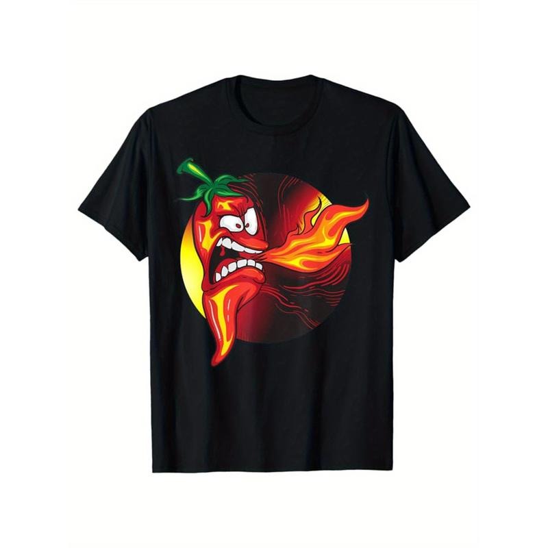 Funny Chili Print, Men's Cotton T-shirt, Graphic Tee Men's Outdoor Clothes, Men's Clothing, Casual Short Sleeve Crew Neck...