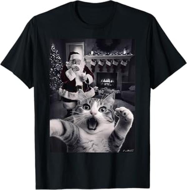 Funny Christmas Shirts, Funny Cat Selfie With Santa Christmas T-Shirt - Menswear Top Hoodie, Sweatshirt | TeeBloomCo.com
