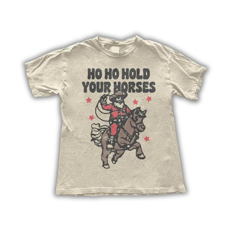 Funny Cowboy Santa Christmas Shirt - Ho Ho Hold Your Horses Graphic Tee - Retro W Cowboy Western Shirt