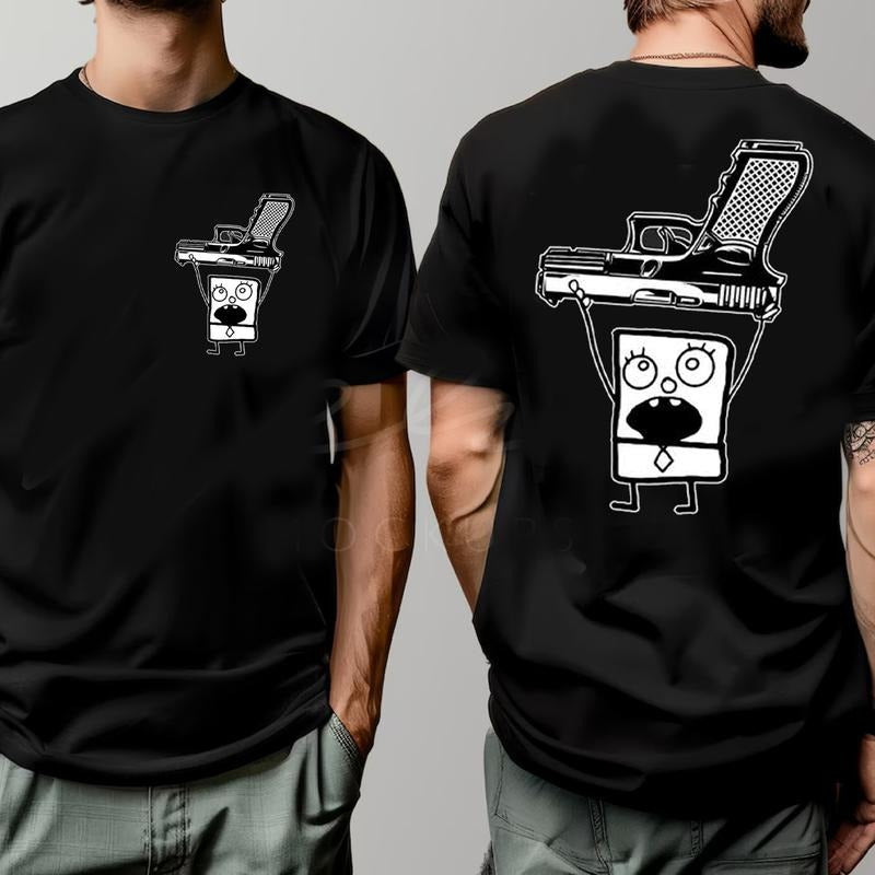 Funny Doodlebob Holding a Glock 2 Sided Graphic Unisex Classic T-Shirt Hoodie, Sweatshirt | TeeBloomCo.com