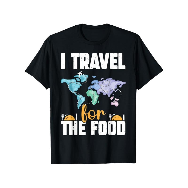 Funny Food Lover Travel T-Shirt, Cotton, Casual Crew Neck Tee with World Map & Utensils Print, Regular Fit, Short Sleeve,...