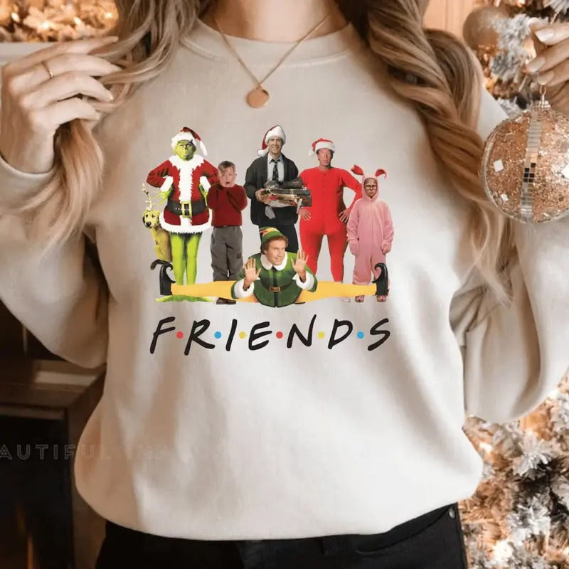 Funny Friends Christmas Sweatshirt, Christmas 90s Movies Sweater, Cute Christmas Elf Tee Shirt, Xmas Movie Character...