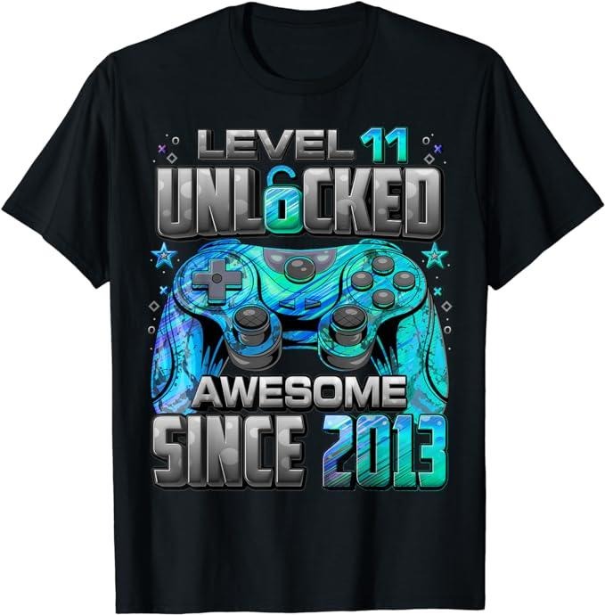 Funny Gamer Shirts, Special Gifts For Gamers, Level 11 Unlocked Awesome Since 2013 11th Birthday Gaming T-Shirt Menswear...