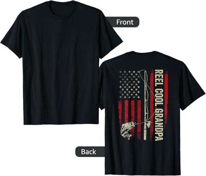 Funny Grandpa Shirt, Gift For Grandfather, Reel Cool Grandpa Fishing American Flag Patriotic (On Back) T-Shirt Menswear...