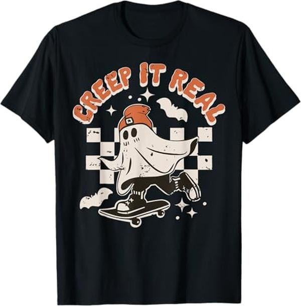 Funny Halloween Shirts For Men, Retro Halloween Creep it Real Funny Ghost Skateboard T-Shirt Menswear