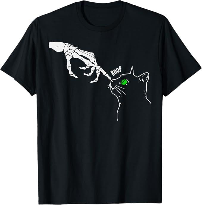 Funny Halloween Shirts For Men, Skeleton Hand Boop On A Cat's Nose Funny Halloween Graphic T-Shirt Menswear