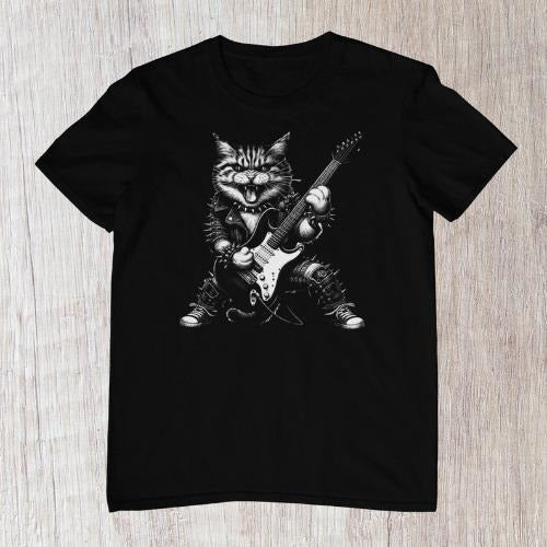 Funny Heavy Metal Cat Shirt, Guitar T-shirt, Men's Rock and Roll Tee made in usa Hoodie, Sweatshirt | TeeBloomCo.com