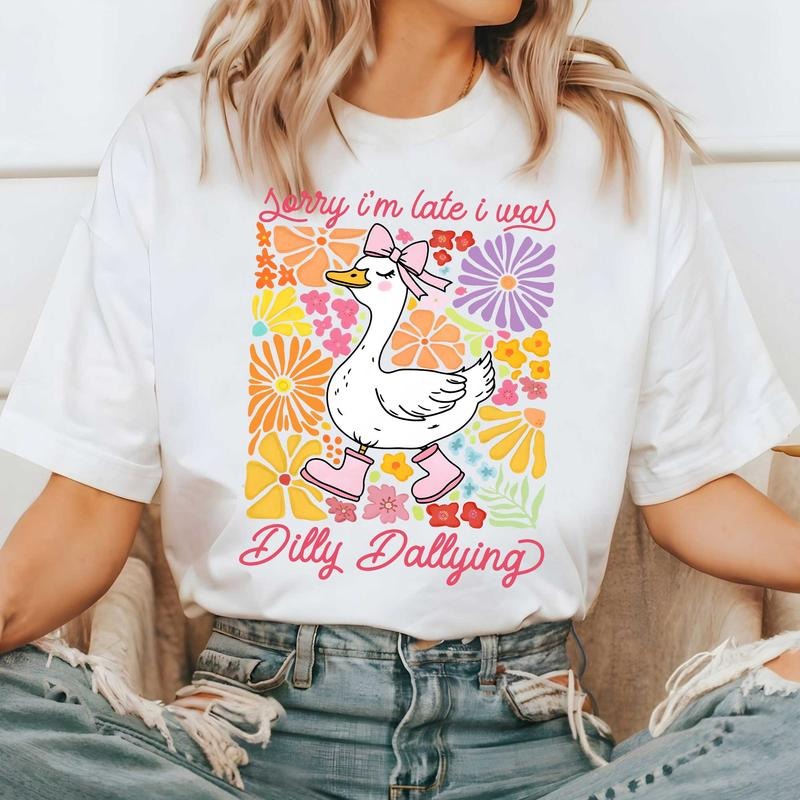 Funny Mama Goose Shirt, Sorry I'm Late I Was Dilly Dallying Goose Shirt, Sarcastic Retro Shirt, Boho Floral Shirt, Preppy...