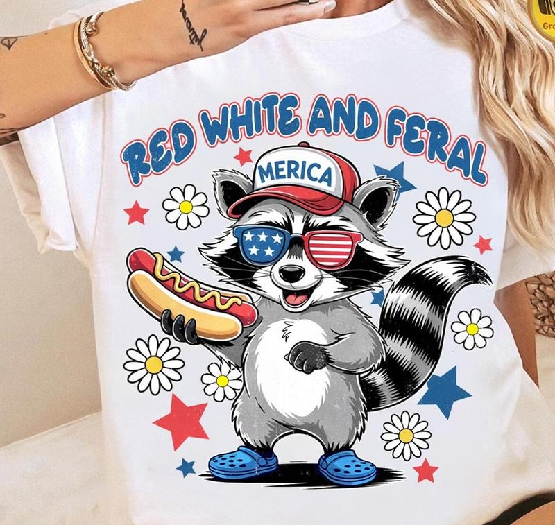 Funny Meme Racoon Red White And Feral Tshirt 4th Of July T-Shirt Retro Graphic Hoodie, Sweatshirt | TeeBloomCo.com