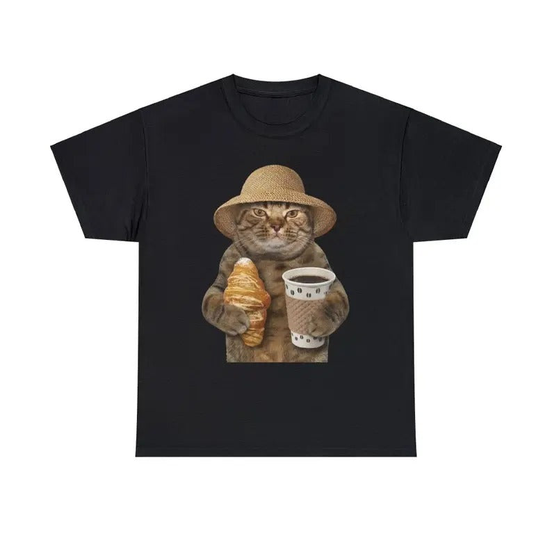 Funny Meme Shirt, Cat With Coffee And Croissant Tee, Gift Unisex T-Shirt Hoodie, Sweatshirt | TeeBloomCo.com