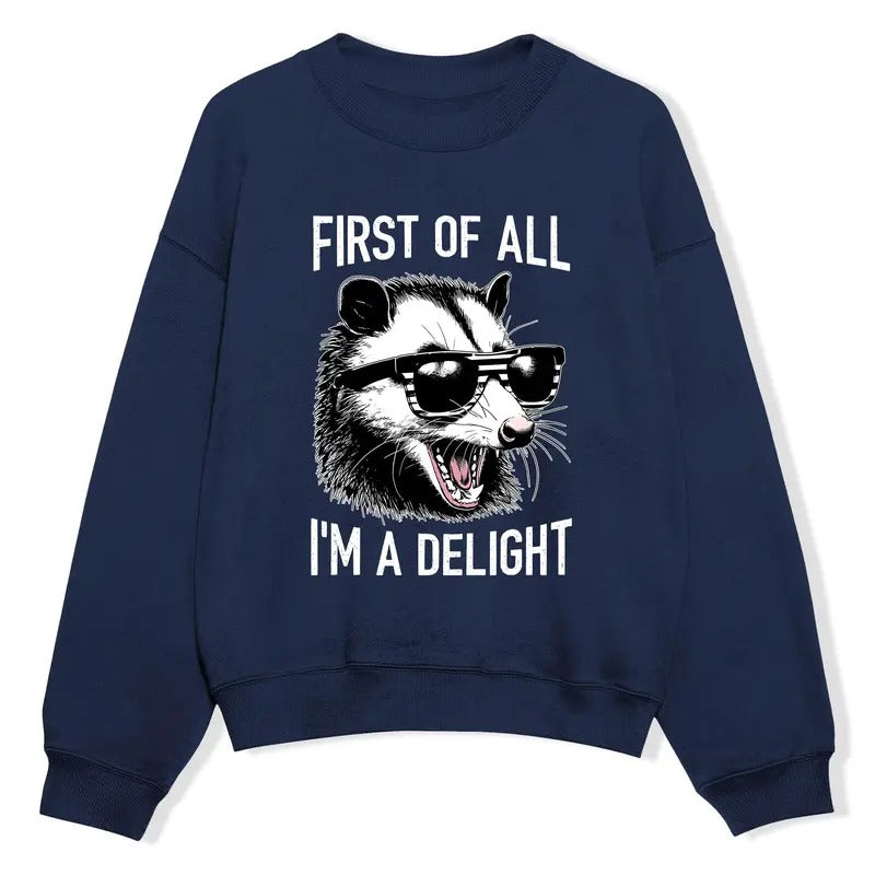 Funny Meme Shirt, First Of All I'm A Delight Funny Raccoon Sweatshirt, Sarcastic Raccoon Merch, Unisex Mental Health...