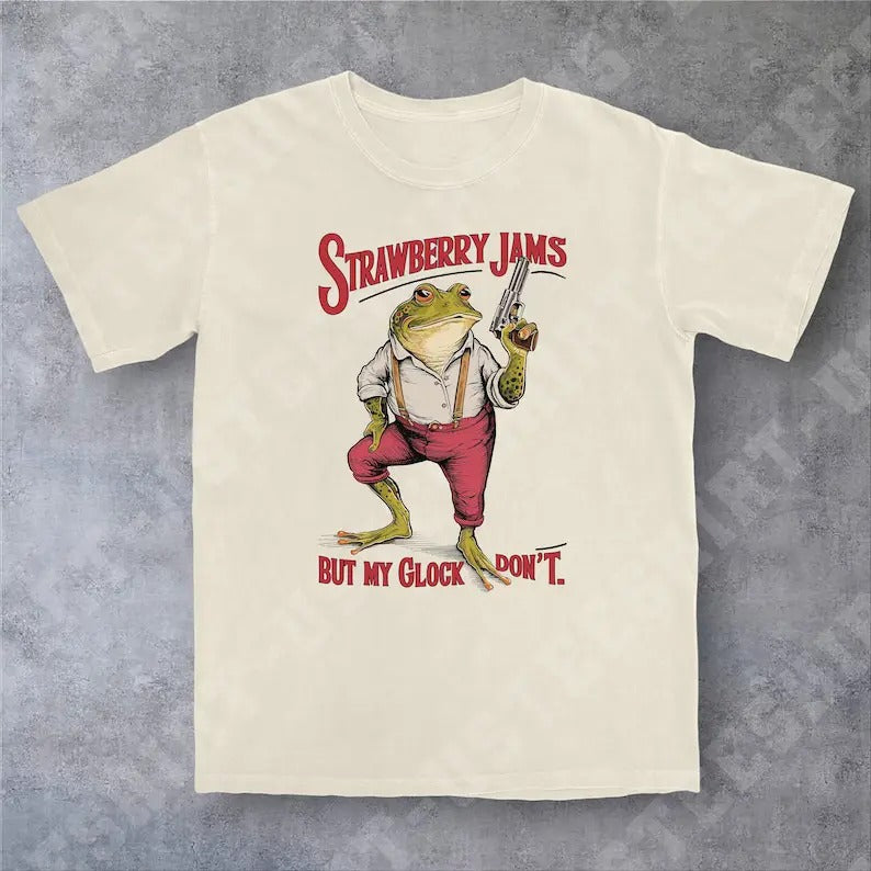 Funny Meme Shirt, Strawberry Jams But My Glock Don't Tee, Frog Y2K Gift Unisex T-Shirt Hoodie, Sweatshirt | TeeBloomCo.com