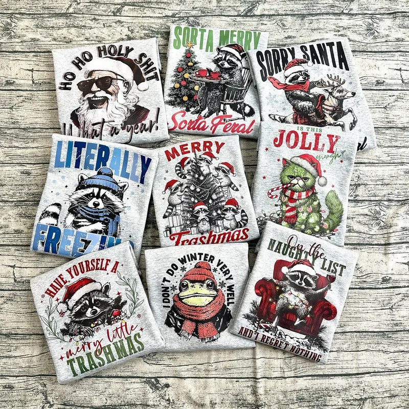 Funny Meme Shirt, Unisex Retro Christmas Raccoon Gift, Full Collection Xmas Vintage Style Cotton Shirt, Humorous Quote...