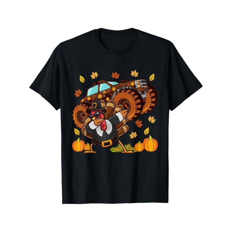 Funny Men T-Shirt Turkey Driving Monster Truck Thanksgiving Pattern Tee Crew neck Short Sleeve Cotton Mans Casual Shirts...
