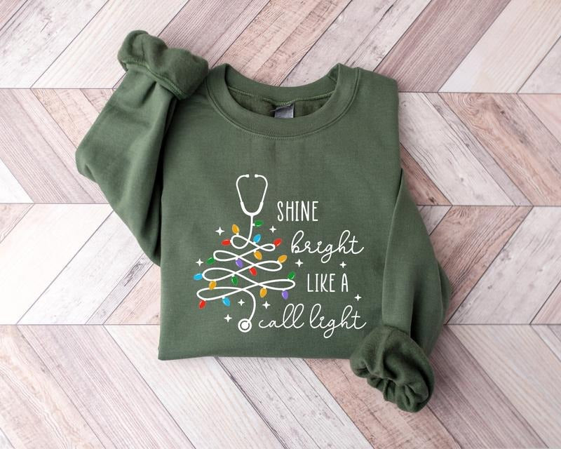 Funny Nurse Christmas Shirt Nurse Christmas Gifts Christmas Sweatshirt Shine Bright Like A Call Light Rn Christmas...