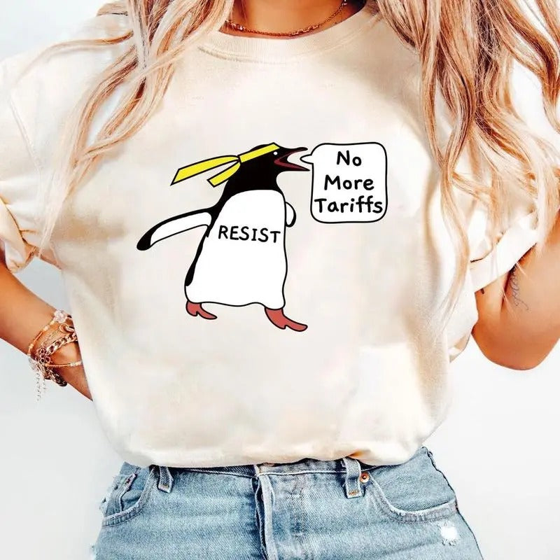 Funny Penguin Protest T-Shirt, Penguins Against Tariffs Shirt, Penguin Resist Tee, Unique Political Humor Shirt Hoodie,...