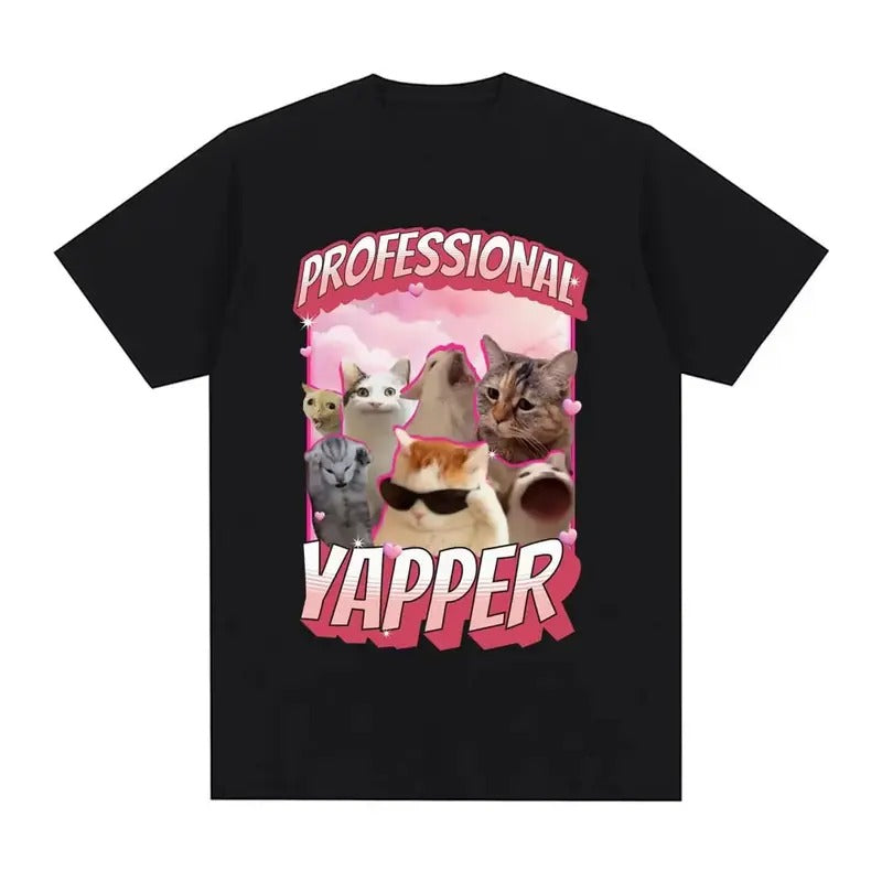 Funny Professional Yapper Meme Cat Pattern Vintage Graphic Tee Womens Fashion Retro Short sleeved Tshirt Casual...