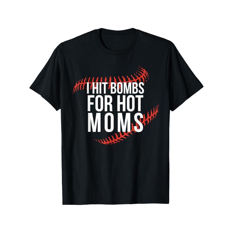 Funny Retro Baseball I Hit Bombs For Hot Moms Baseball Mom Men's T-shirt personality print pattern, casual round neck...