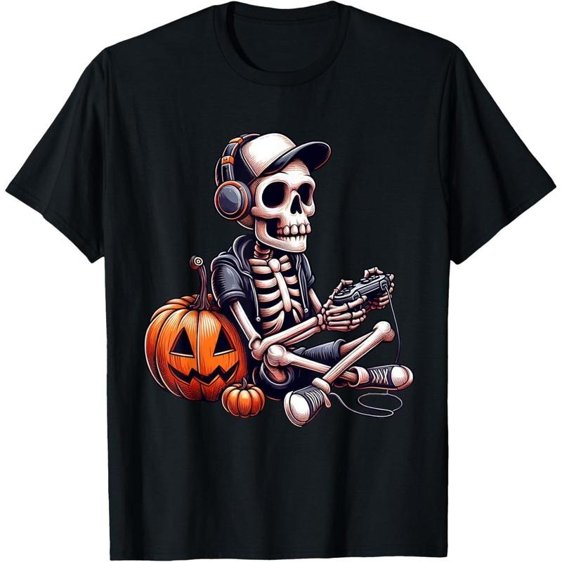 Funny Skeleton Playing Video Game Halloween Shirt Boys Gamer T-Shirt made in usa Hoodie, Sweatshirt | TeeBloomCo.com