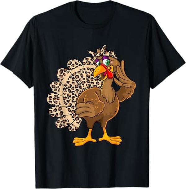 Funny Thanksgiving Shirts, Thanksgiving Turkey Women Girl Leopard Print Autumn Fall T-Shirt