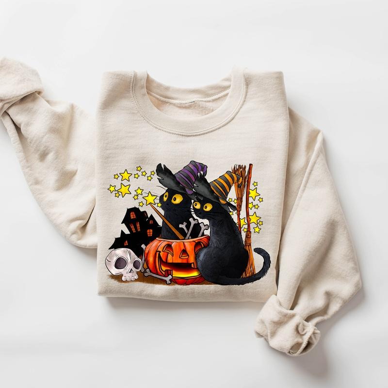 GILDAN Cat Halloween Sweatshirt, Unisex Heavy Cotton Tee, Ghost Cat Shirt, Halloween Sweater, Loose fit Hoodie