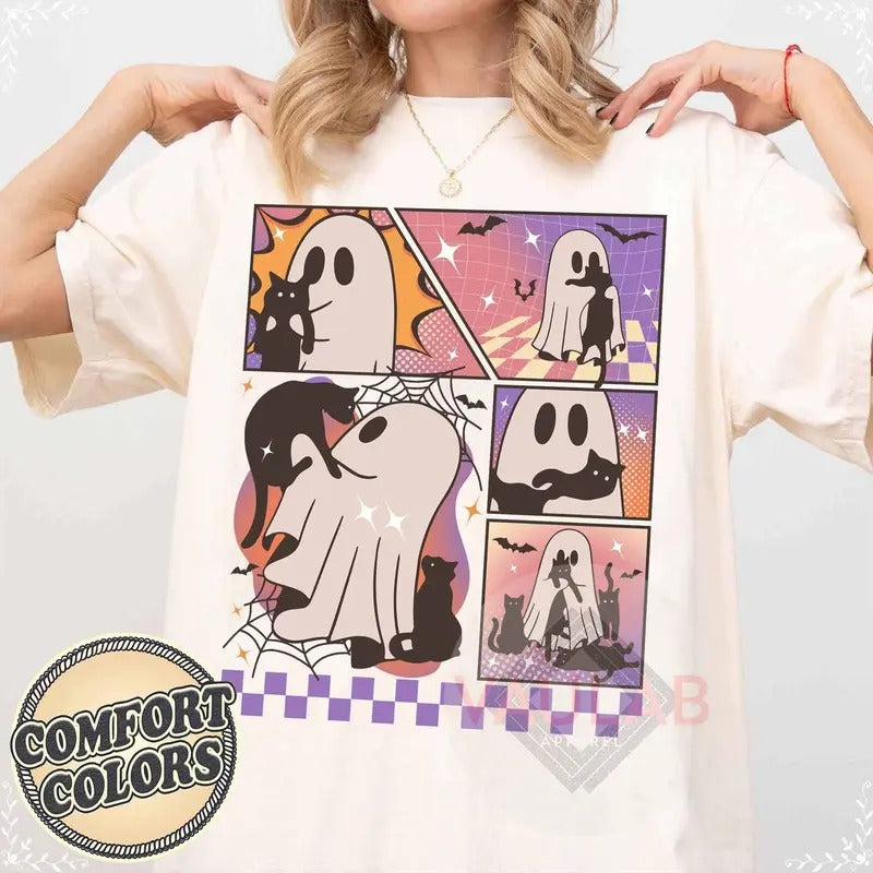Ghost And Cat Shirt, Ghost Halloween Halloween Cat Shirt Spooky Season Gift Cute Cat Lovers Shirt Fall Shirt Boo Tee...