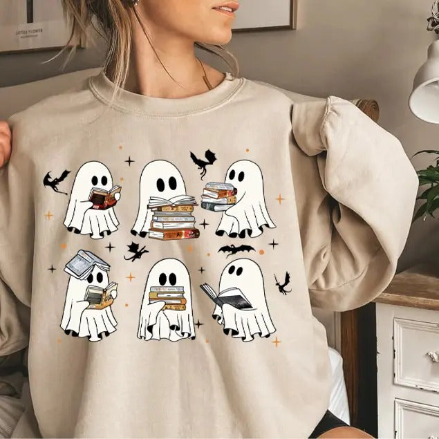 Ghost Book Dragon Sweatshirt, Cute Ghost Shirt, Ghost Book Sweatshirt, Halloween Gift For Book Lovers, Bookish Halloween...