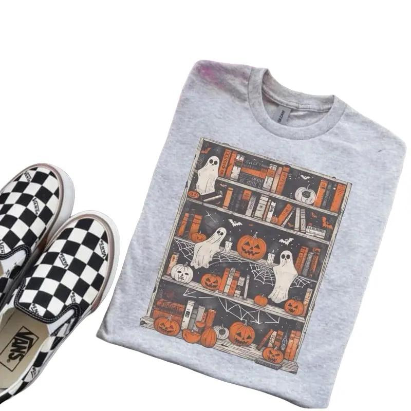Ghost Bookcase T-SHIRT Ash Grey T-Shirt - Bleached - Gildan - Unisex Hoodie, Sweatshirt | TeeBloomCo.com
