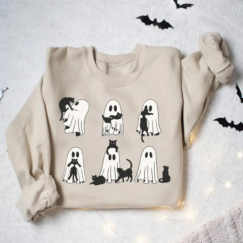 Ghost Cat Sweatshirt, Ghost And Black Cat Halloween Sweatshirt, Cat Lovers Shirt, Ghost Shirt, Retro Ghost Halloween...
