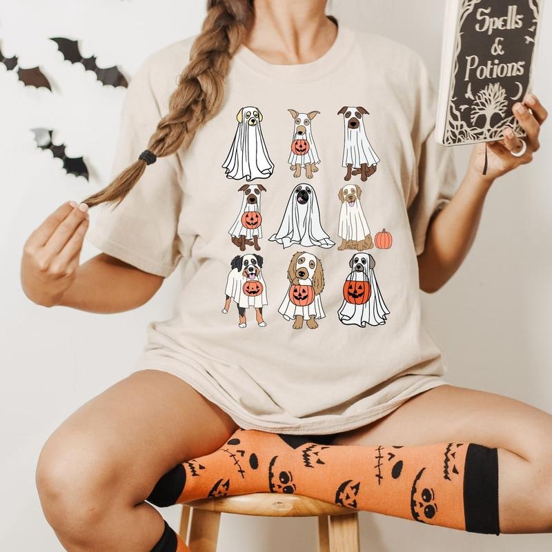 Ghost Dog Halloween Sweater, Retro Ghost Dog Pumpkin T-Shirt, Halloween Ghost Dog Sweatshirt, Pumpkin Dogs Halloween Tee...