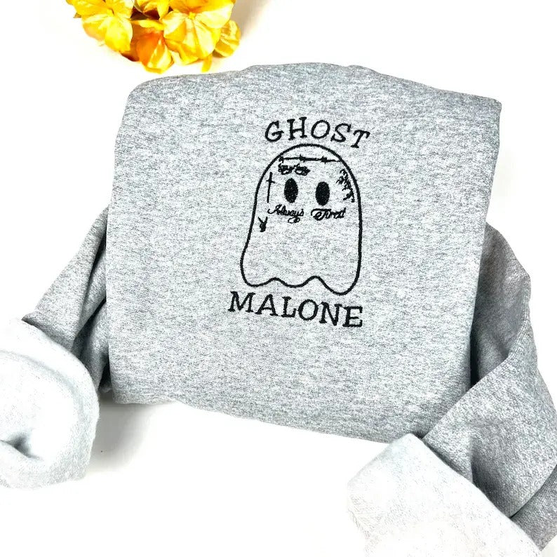 Ghost Malone Sweatshirt, Embroidered Ghost Malone Halloween Sweatshirt, Funny Halloween Crewneck Sweatshirt, Spooky...