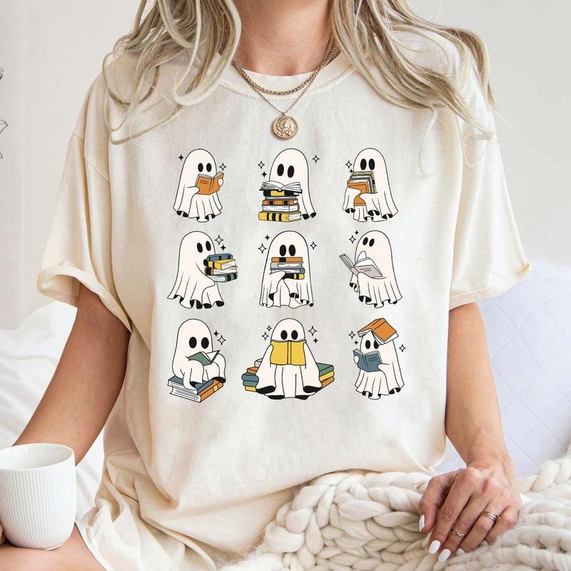 Ghost Reading Book Tee Shirt, Bookish Halloween Sweatshirt, Library Ghost Halloween T-Shirt, Halloween Cute Ghost...